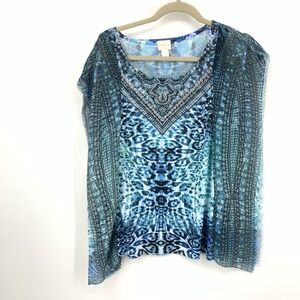 Chicos Women Size 2 Large 12 Top Tank Shirt Blue White Leopard Animal Print